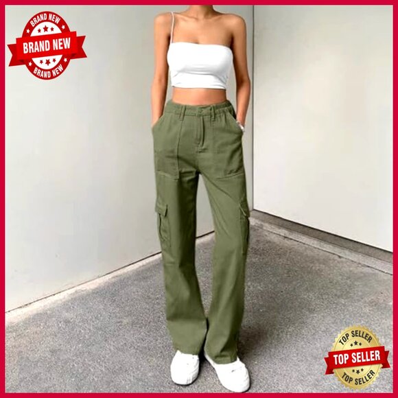 High Waisted Cargo Pants with 6 Pockets, Stretchy Wide Leg Casual Streetwear - Picture 2 of 7